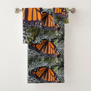 Monarch butterfly on evergreens bath towel set