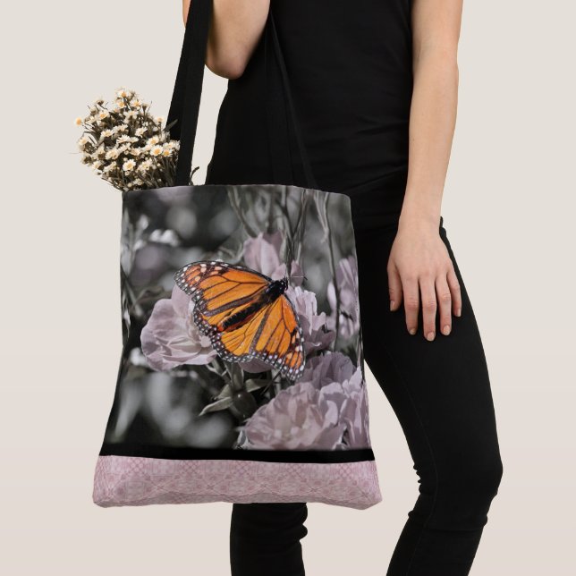 Monarch Butterfly on Flowers Pink Gothic Tile Tote Bag (Close Up)