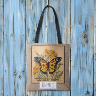 Monarch Butterfly on Goldenrod Flowers Name Tote Bag