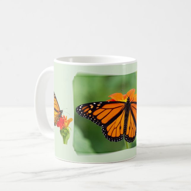 Monarch Butterfly On Green Background. Coffee Mug (Front Left)