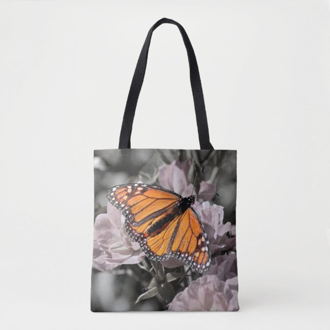 Monarch Butterfly on Muted Pink and Grey Flowers Tote Bag (Front)