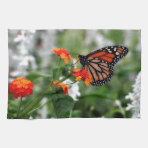 Monarch Butterfly on Orange and Red Lantana Tea Towel