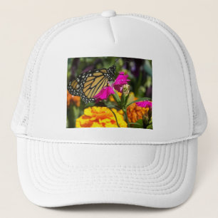 Monarch Butterfly on Pink Marigold Flower Trucker Hat