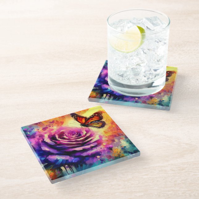 Monarch Butterfly on Purple Rose at Sunset Floral  Glass Coaster (Angled)