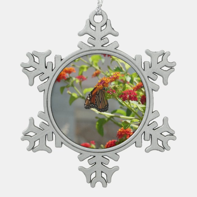 Monarch Butterfly on Red Butterfly Bush Snowflake Pewter Christmas Ornament (Front)