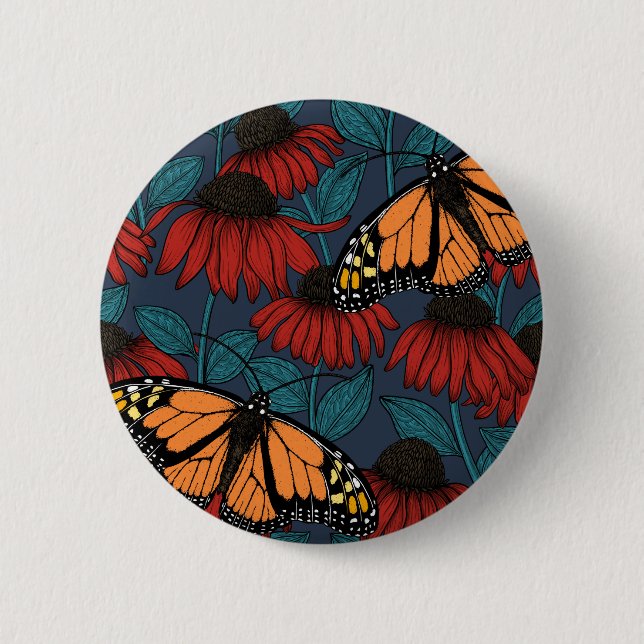 Monarch butterfly on red coneflowers 6 cm round badge (Front)