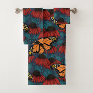 Monarch butterfly on red coneflowers bath towel set