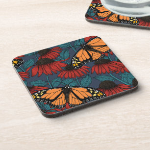 Monarch butterfly on red coneflowers coaster