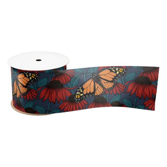 Monarch butterfly on red coneflowers satin ribbon (Spool)