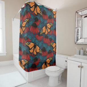 Monarch butterfly on red coneflowers shower curtain