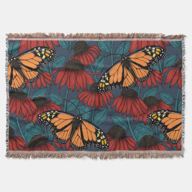 Monarch butterfly on red coneflowers throw blanket (Front)