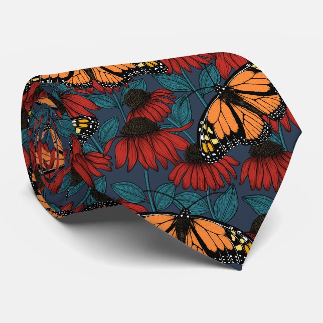 Monarch butterfly on red coneflowers tie (Rolled)