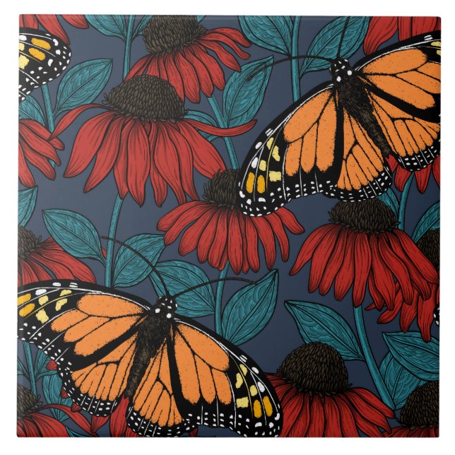 Monarch butterfly on red coneflowers tile (Front)