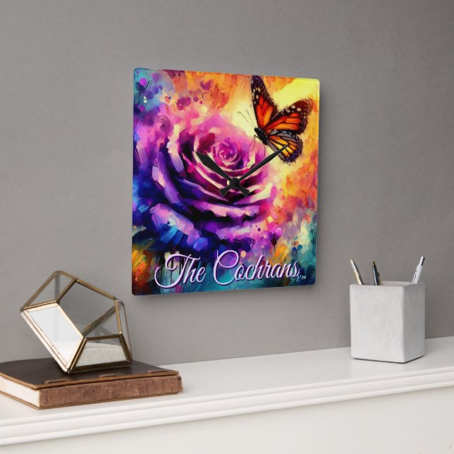 Monarch Butterfly on Rose at Sunset Personalised Square Wall Clock (Office)