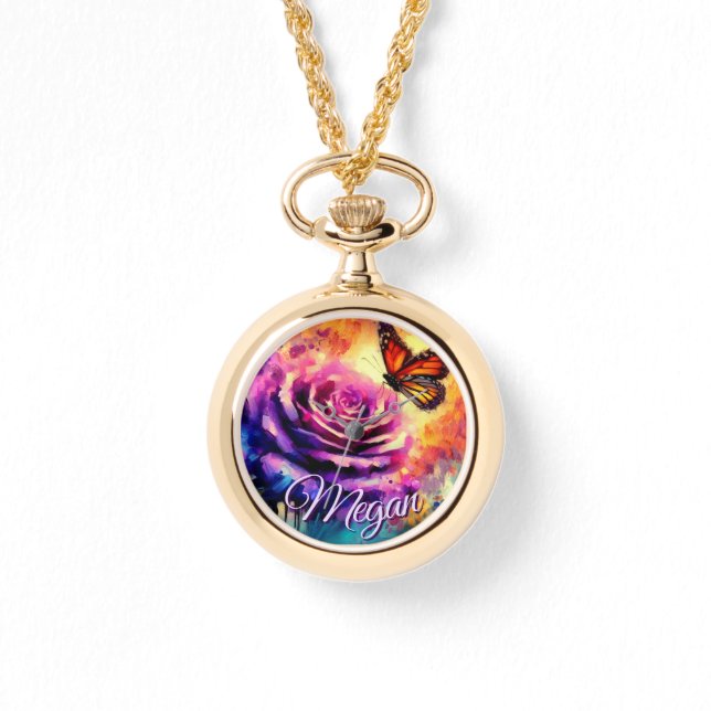 Monarch Butterfly on Rose at Sunset Personalised Watch (Front)