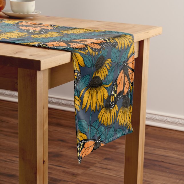 Monarch butterfly on yellow coneflowers short table runner (In Situ)
