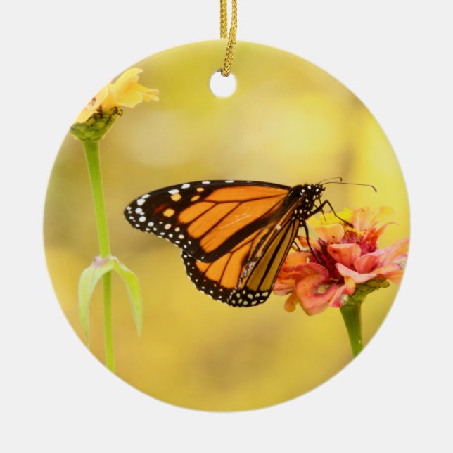 Monarch Butterfly on Zinnia Ceramic Tree Decoration (Front)