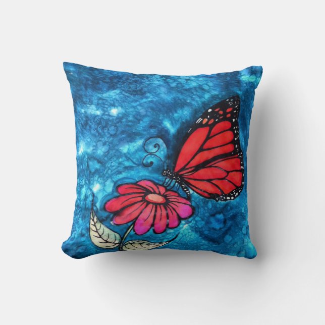 Monarch Butterfly Pillow: Original Silk Painting Cushion (Front)