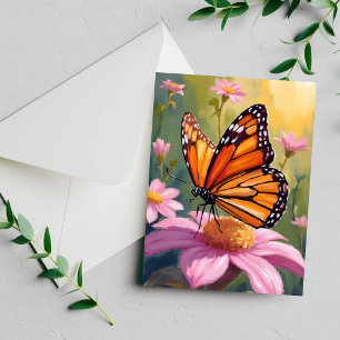 Monarch Butterfly Pink Flower Floral Painting Card