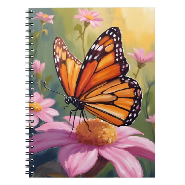 Monarch Butterfly Pink Flower Floral Painting Notebook (Front)