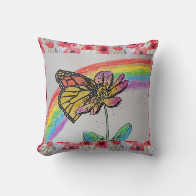 Monarch Butterfly Rainbow Painting Poppy Cushion (Front)