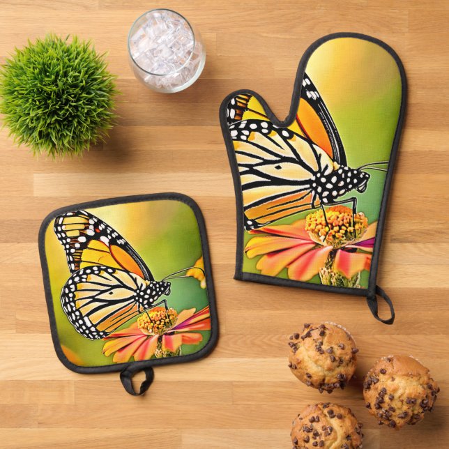 Monarch Butterfly Sip Design Oven Mitt & Pot Holder Set (Top Down)