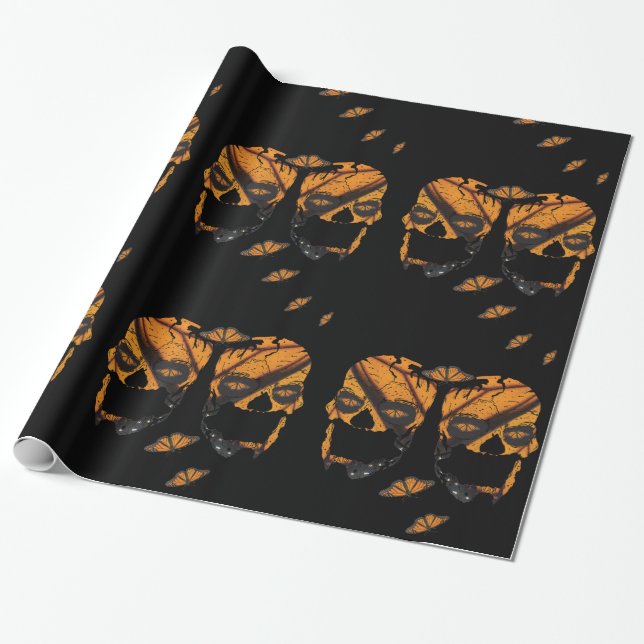 Monarch Butterfly Skulls Black Halloween Wrapping Paper (Unrolled)