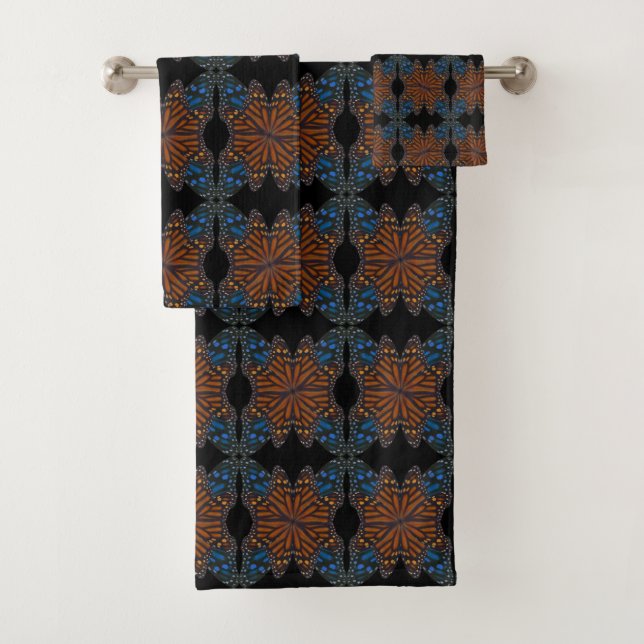 Monarch Butterfly Wing Orange And Blue Pattern  Bath Towel Set (Insitu)