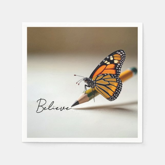 Monarch Butterfly With Believe Text Napkin (Front)