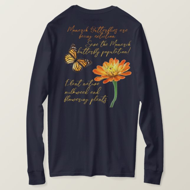 Monarch butterfly, Zinnia flower, T-Shirt (Design Back)