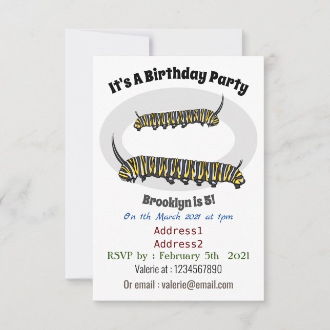 Monarch caterpillar cartoon illustration invitation (Front)