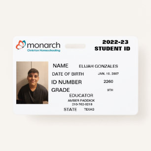 MONARCH HOMESCHOOL ID ID BADGE