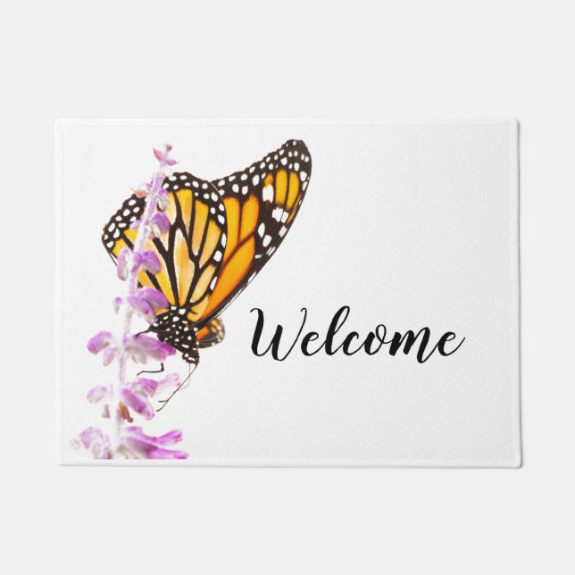 Monarch perched on lavender doormat (Front)