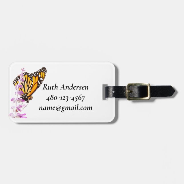 Monarch perched on lavender luggage tag (Front Horizontal)