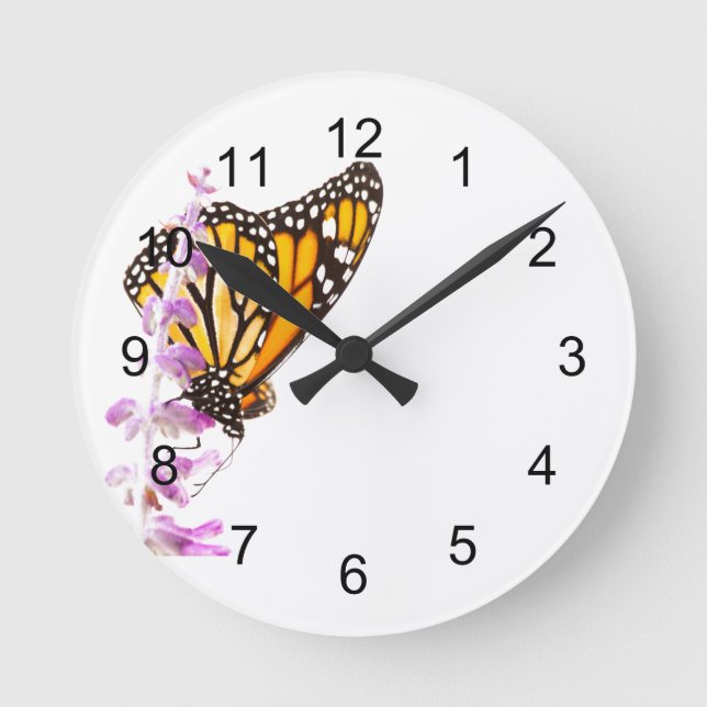 Monarch perched on Lavender Round Clock (Front)