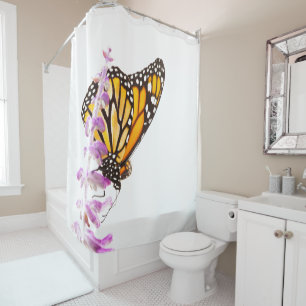 Monarch perched on lavender shower curtain