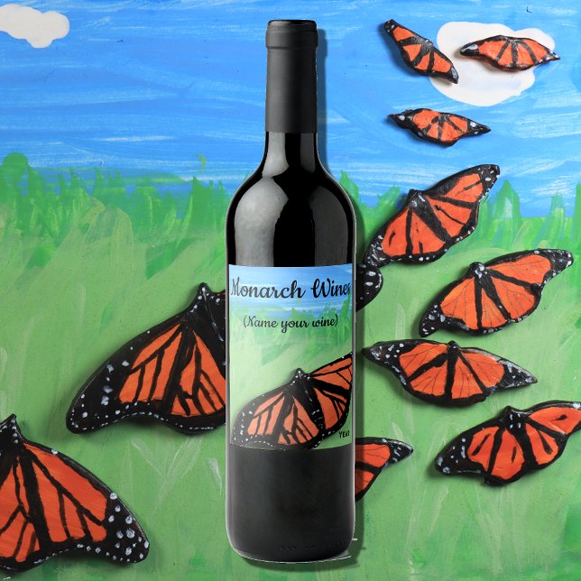 Monarch Wine Butterfly Folk Art Label (Hand sculptured clay Monarchs, acrylic painted and photographed on a 5" x 8" background)