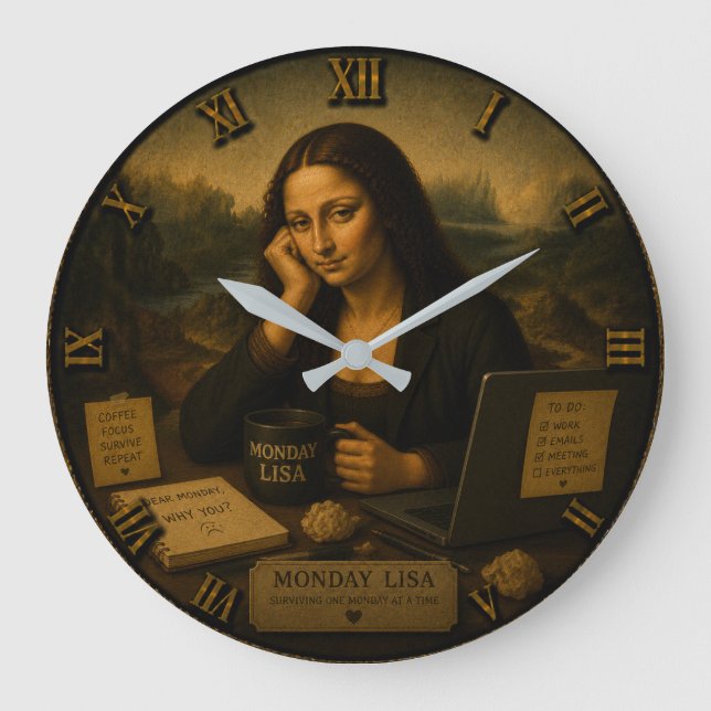 Monday Funny Mona Lisa Office Worker Coffee Humor  Large Clock (Front)