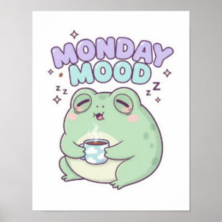Monday Mood Frog Poster Cute Sleepy Frog Coffee Ae