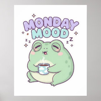 Monday Mood Frog Poster Cute Sleepy Frog Coffee Ae