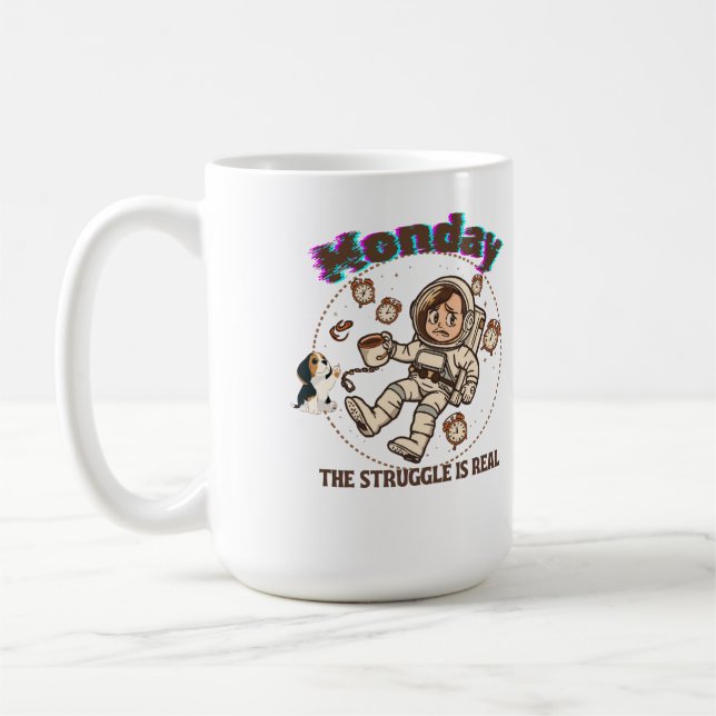 Monday Space Struggle Astronaut Coffee & Puppy Mug (Left)