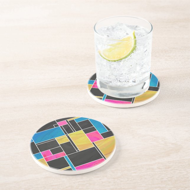 Mondrian Blue Pink Black Print Coaster (Side)