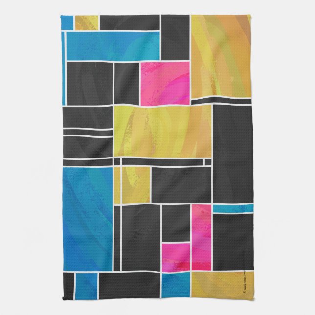 Mondrian Blue Pink Black Print Tea Towel (Vertical)