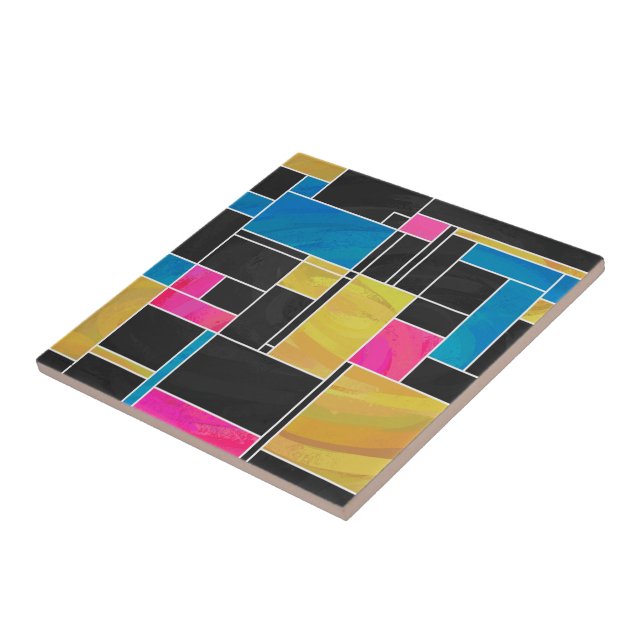Mondrian Blue Pink Black Print Tile (Side)