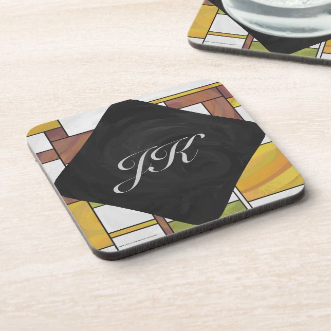 Mondrian Brown Yellow Green Print Coaster (Left Side)