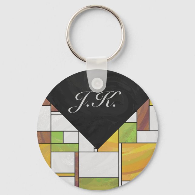 Mondrian Brown Yellow Green Print Key Ring (Front)