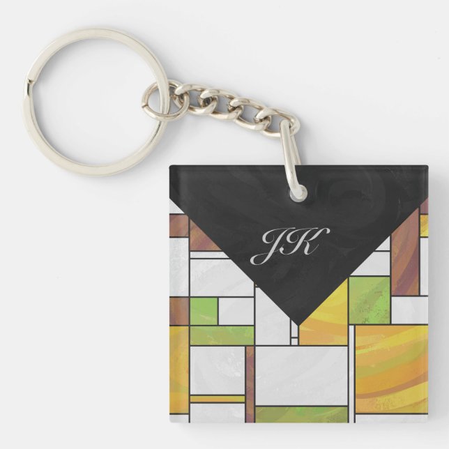 Mondrian Brown Yellow Green Print Key Ring (Front)