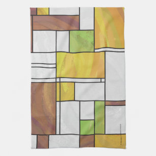 Mondrian Brown Yellow Green Print Tea Towel
