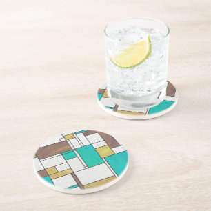 Mondrian Brown Yellow Teal Print Coaster