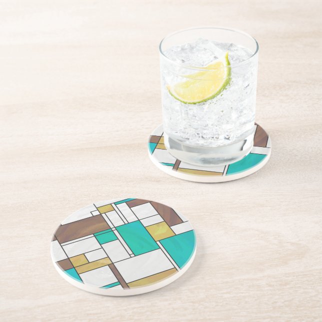 Mondrian Brown Yellow Teal Print Coaster (Side)